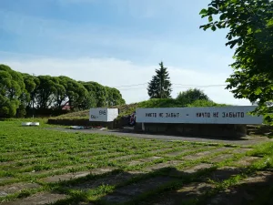 Памятник-ДОТ, сооруженный на рубеже обороны советских войск на подступах к Ленинграду в 1941 г. Установлена памятная доска (Русско-Высоцкое)